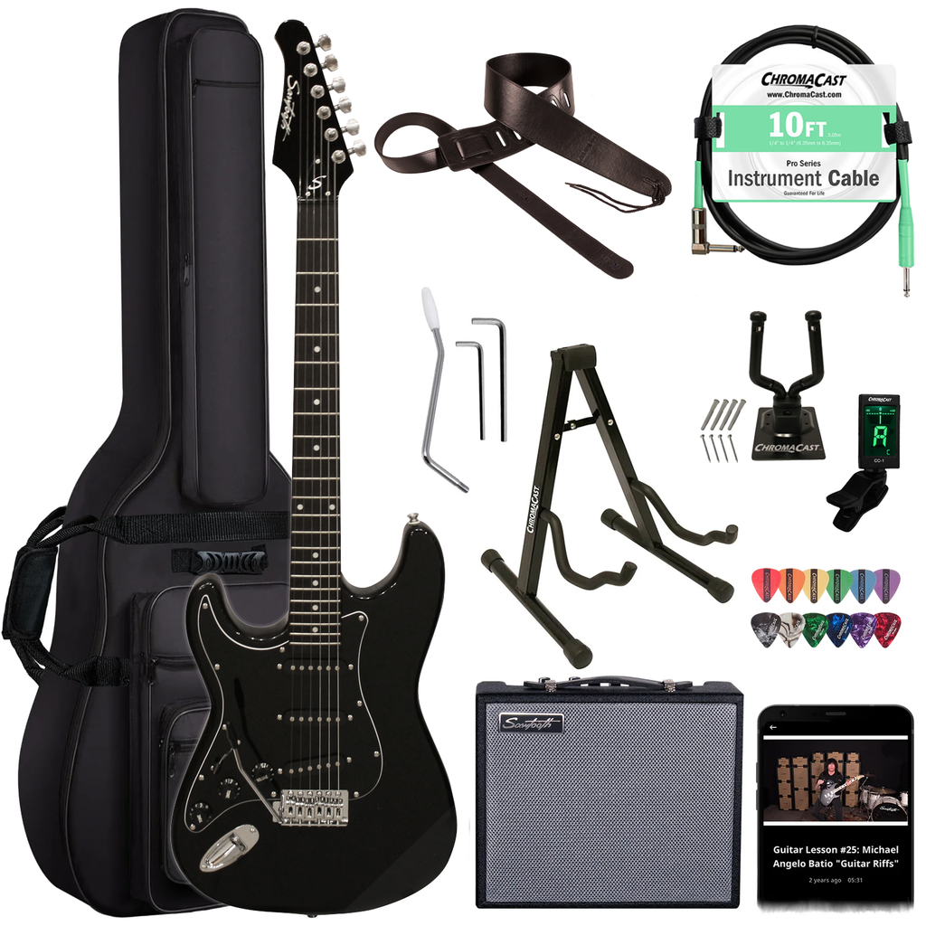 Sawtooth Left-Handed Black ES Series Electric Guitar with Black Pickguard - Includes: Accessories, Amp & Gig Bag