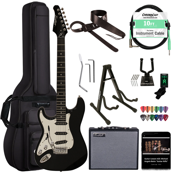 Sawtooth Left-Handed Black ES Series Electric Guitar w/ Chrome Pickguard - Includes: Accessories, Amp & Gig Bag