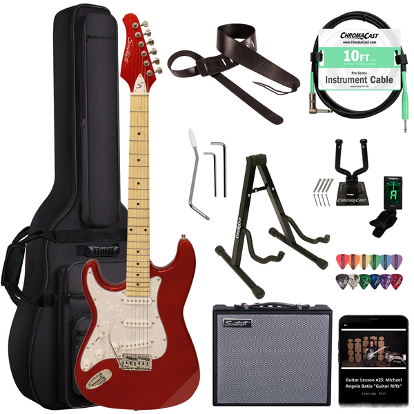 Sawtooth Left-Handed Candy Apple Red ES Series Electric Guitar w/ White Pearloid Pickguard - Includes: Accessories, Amp & Gig Bag