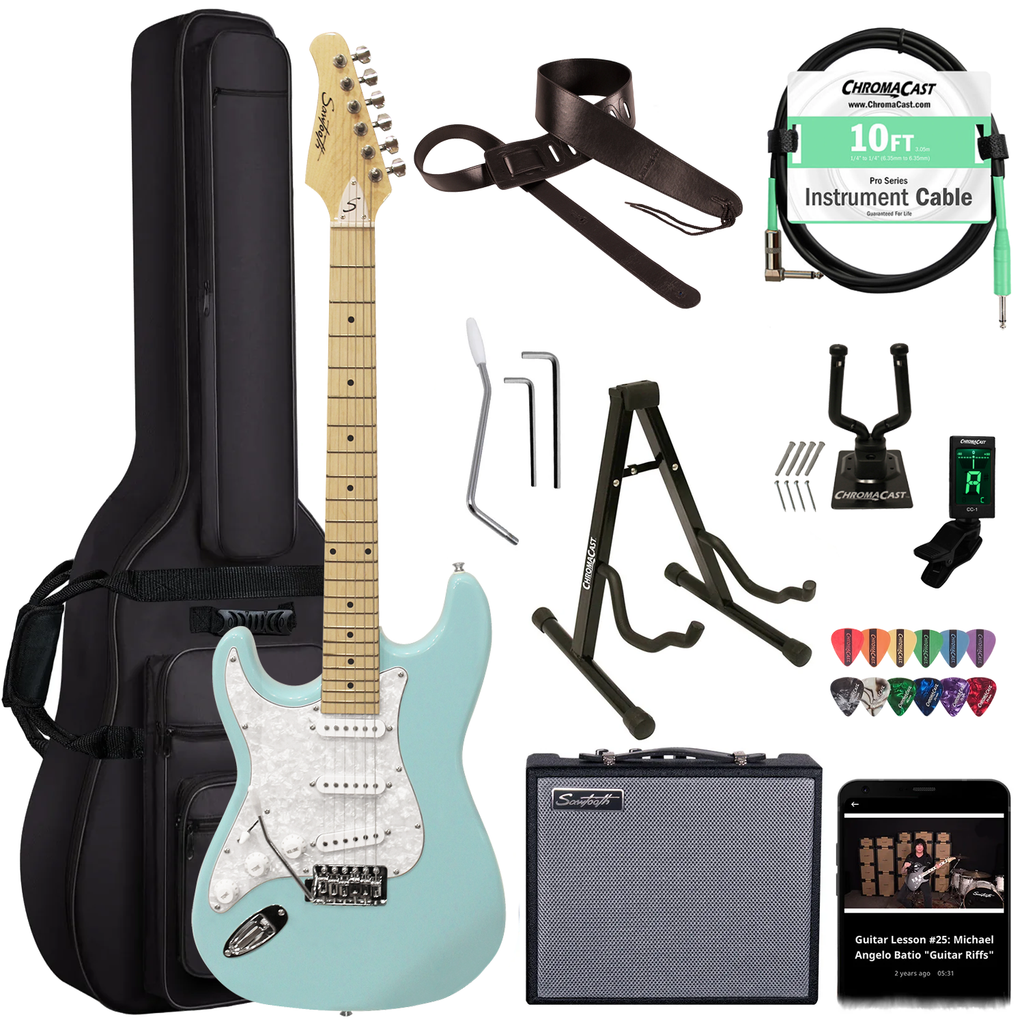 Sawtooth Left-Handed Daphne Blue ES Series Electric Guitar w/ White Pearloid Pickguard - Includes: Accessories, Amp & Gig Bag