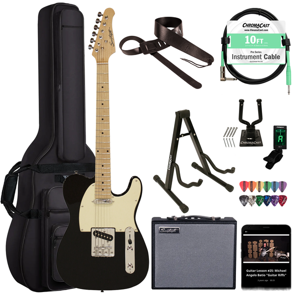 Sawtooth Black ET Series Electric Guitar w/ Aged White Pickguard - Includes: Accessories, Amp & Gig Bag