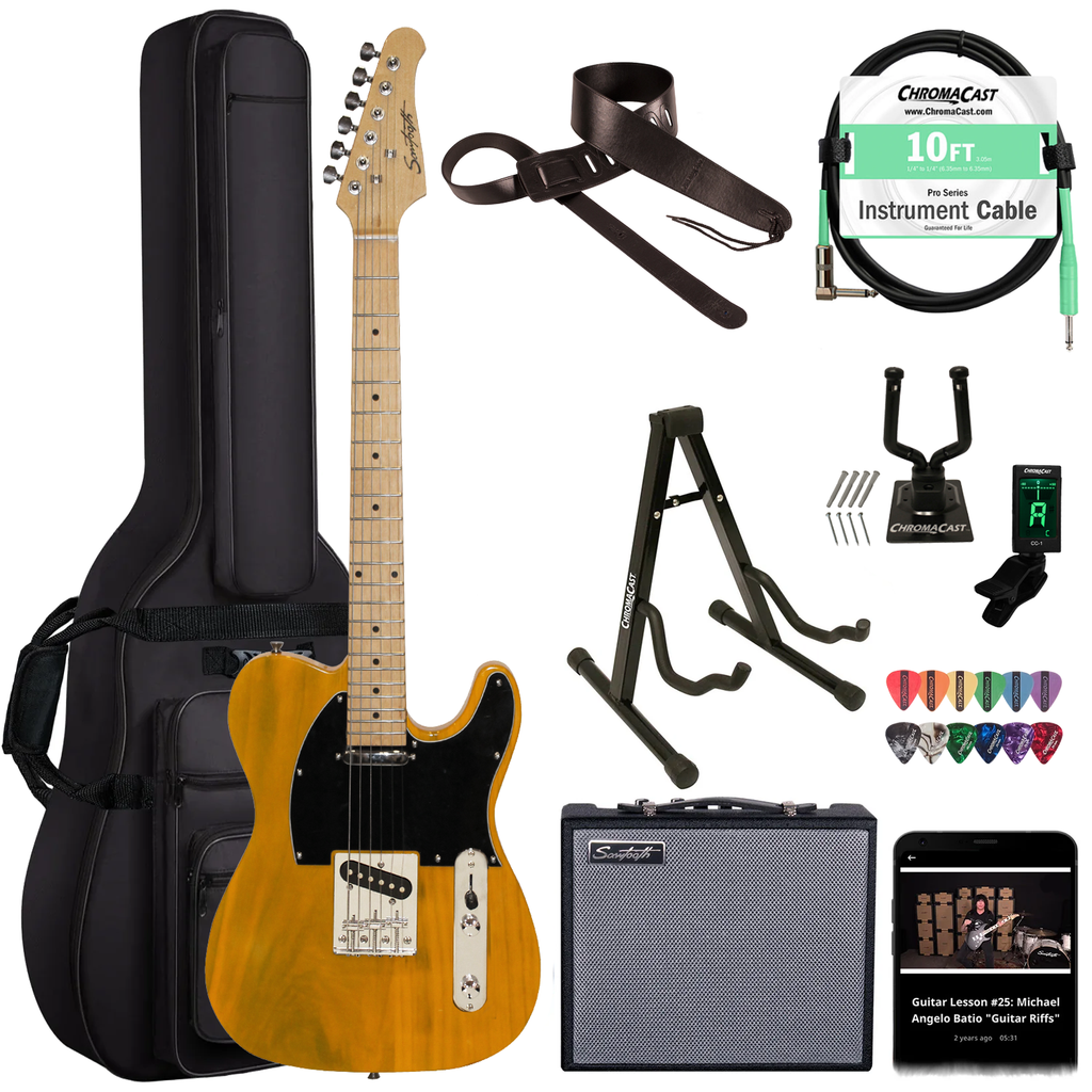 Sawtooth Butterscotch ET Series Electric Guitar w/ Black Pickguard - Includes: Accessories, Amp & Gig Bag