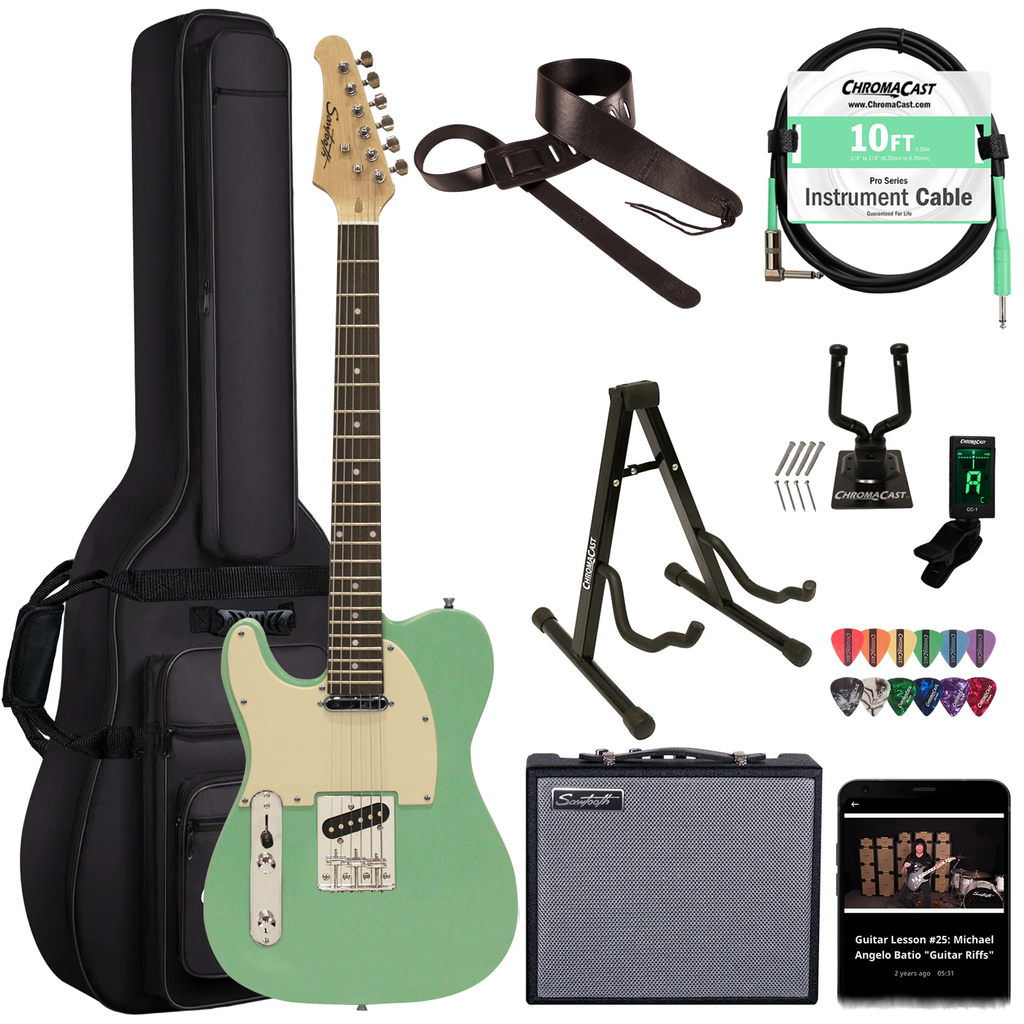 Sawtooth Left-Handed Surf Green ET Series Electric Guitar w/ Aged White Pickguard - Includes: Accessories, Amp & Gig Bag