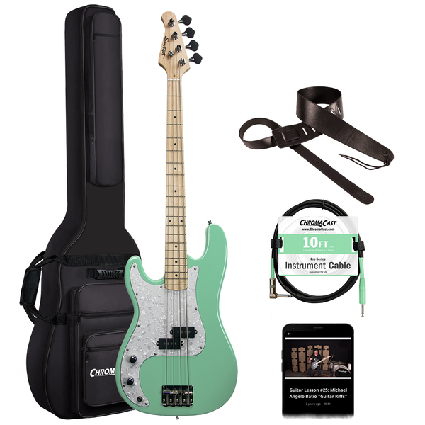 Sawtooth Left-Handed EP Series Electric Bass Guitar with Gig Bag & Accessories, Surf Green w/ Pearl Pickguard