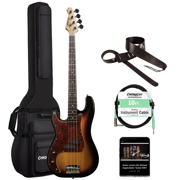 Sawtooth Left-Handed EP Series Electric Bass Guitar with Gig Bag & Accessories, Vintage Burst w/ Tortoise Pickguard