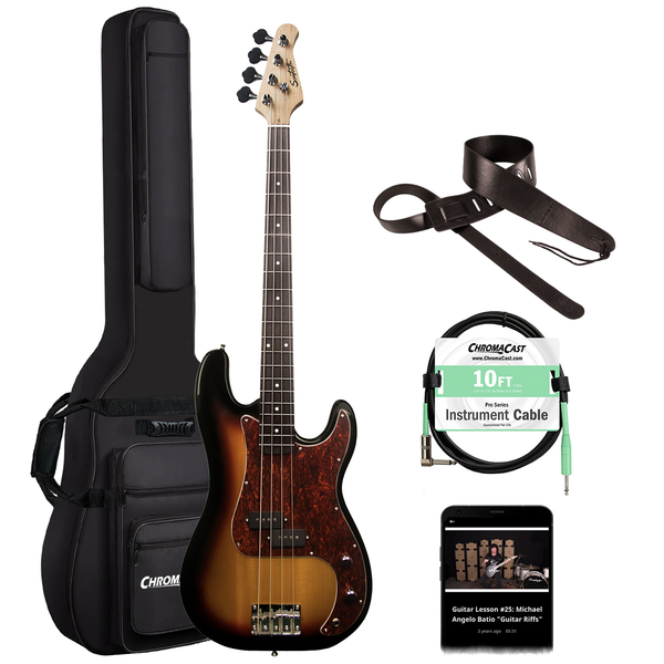 Sawtooth EP Series Electric Bass Guitar with Gig Bag & Accessories, Vintage Burst w/ Tortoise Pickguard