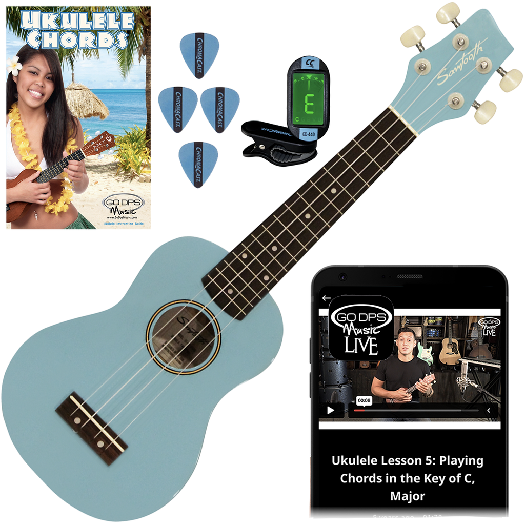 Sawtooth Sunburst Daphne Blue Ukulele Beginner Starter Kit with Color-Matched Tuning Pitch Assistant & Picks, Free Video Lessons, Quick Start Guide, Basswood Body, Rosewood Fingerboard & Bridge