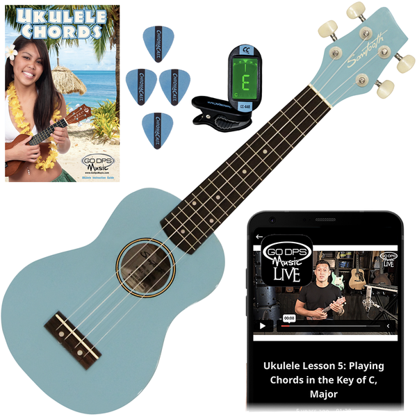Sawtooth Sunburst Daphne Blue Ukulele Beginner Starter Kit with Color-Matched Tuning Pitch Assistant & Picks, Free Video Lessons, Quick Start Guide, Basswood Body, Rosewood Fingerboard & Bridge