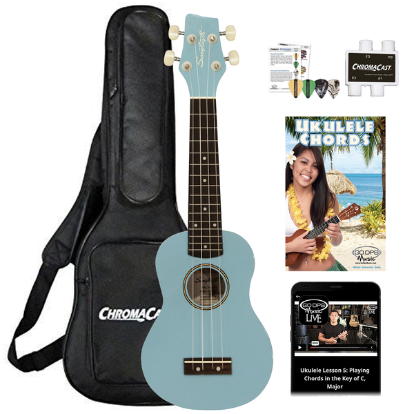 Sawtooth Basswood Soprano Ukulele, Daphne Blue, w/ Gig Bag, Pitch Pipe, Picks, Mobile Lessons & Quick Start Guide