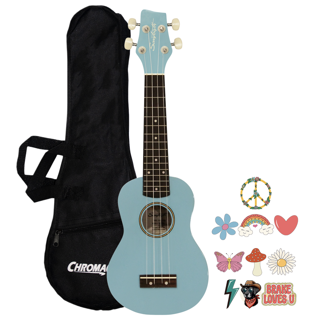 Sawtooth Daphne Blue Basswood Soprano Ukulele w Gig Bag and Official Brake Stickers