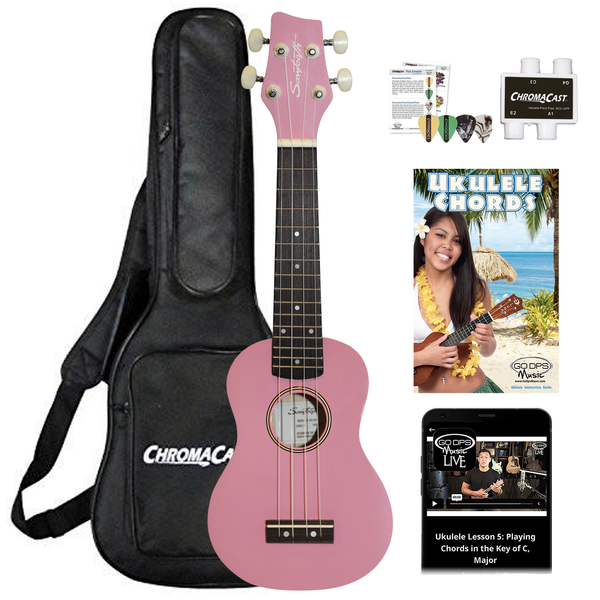 Sawtooth Basswood Soprano Ukulele, Pink, w/ Gig Bag, Pitch Pipe, Quick Start Guide, Picks and Mobile Lessons