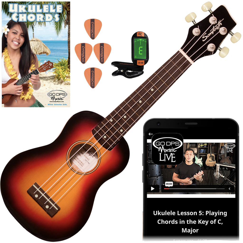 Sawtooth Sunburst Soprano Ukulele Beginner Starter Kit with Color-Matched Tuning Pitch Assistant & Picks, Free Video Lessons, Quick Start Guide, Basswood Body, Rosewood Fingerboard & Bridge