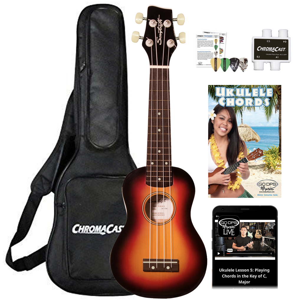 Sawtooth Basswood Soprano Ukulele, Sunburst, w/ Gig Bag, Pitch Pipe, Picks, Mobile Lessons & Quick Start Guide