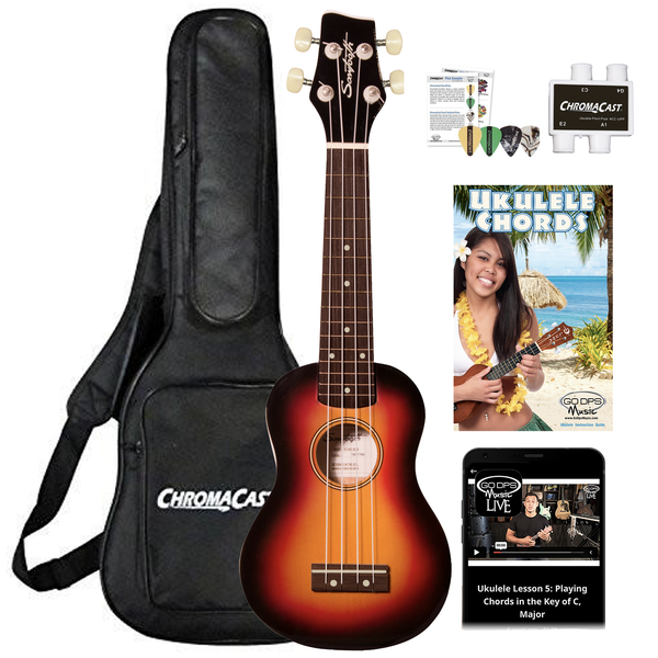 Sawtooth Basswood Soprano Ukulele, Sunburst, w/ Gig Bag, Pitch Pipe, Picks, Mobile Lessons & Quick Start Guide