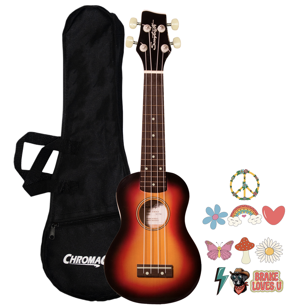 Autographed Sawtooth Sunburst Basswood Soprano Ukulele w Gig Bag and Official Brake Stickers