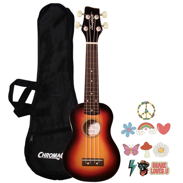 Sawtooth Sunburst Basswood Soprano Ukulele w Gig Bag and Official Brake Stickers