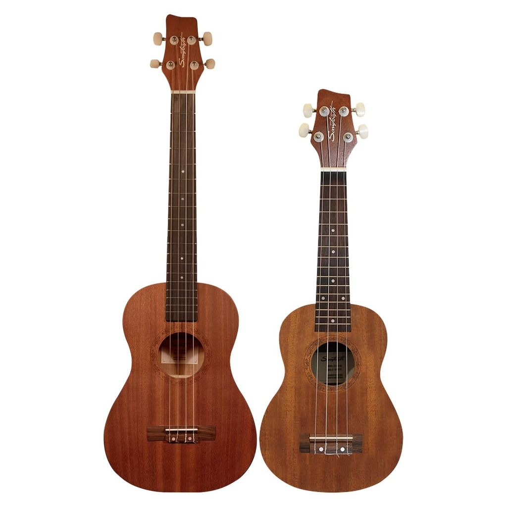 Sawtooth Mahogany Soprano (No Electronics)  and Baritone Electric Ukulele w Fishman KUL-101 Preamp/Built In Tuner 2 Pack