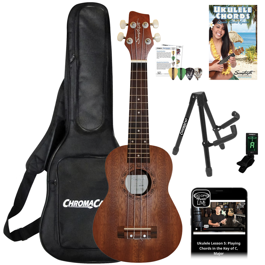 Sawtooth Soprano Ukulele Mahogany 21 inch Ukelele Beginner Kit Online Lesson Padded Gig Bag Premium Wood Uke Stand Picks Quick Start Guide Ukelele Pack
