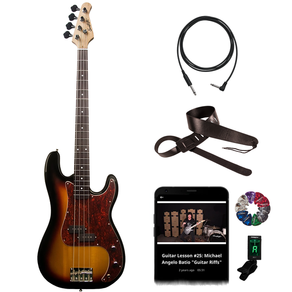 Sawtooth EP Series Electric Bass Guitar with Accessories, Vintage Burst w/ Tortoise Pickguard