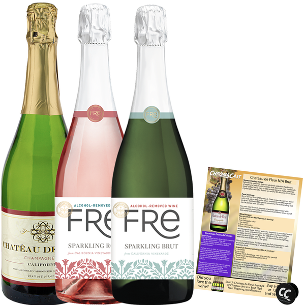 Non Alcoholic Wine 3 Pack Fre Brut Champagne, Chateau De Fleur Sparkling and Fre Sparkling Rose Business & Holiday Gift Ideas Sampler Pack - GoDpsMusic