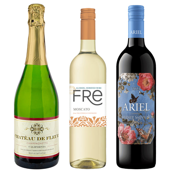 Non Alcoholic Wine 3 Pack Fre Moscato, Chateau De Fleur Champagne and Ariel Cabernet Sauvignon Holiday Dinner Pairing Gift Ideas Sampler Pack