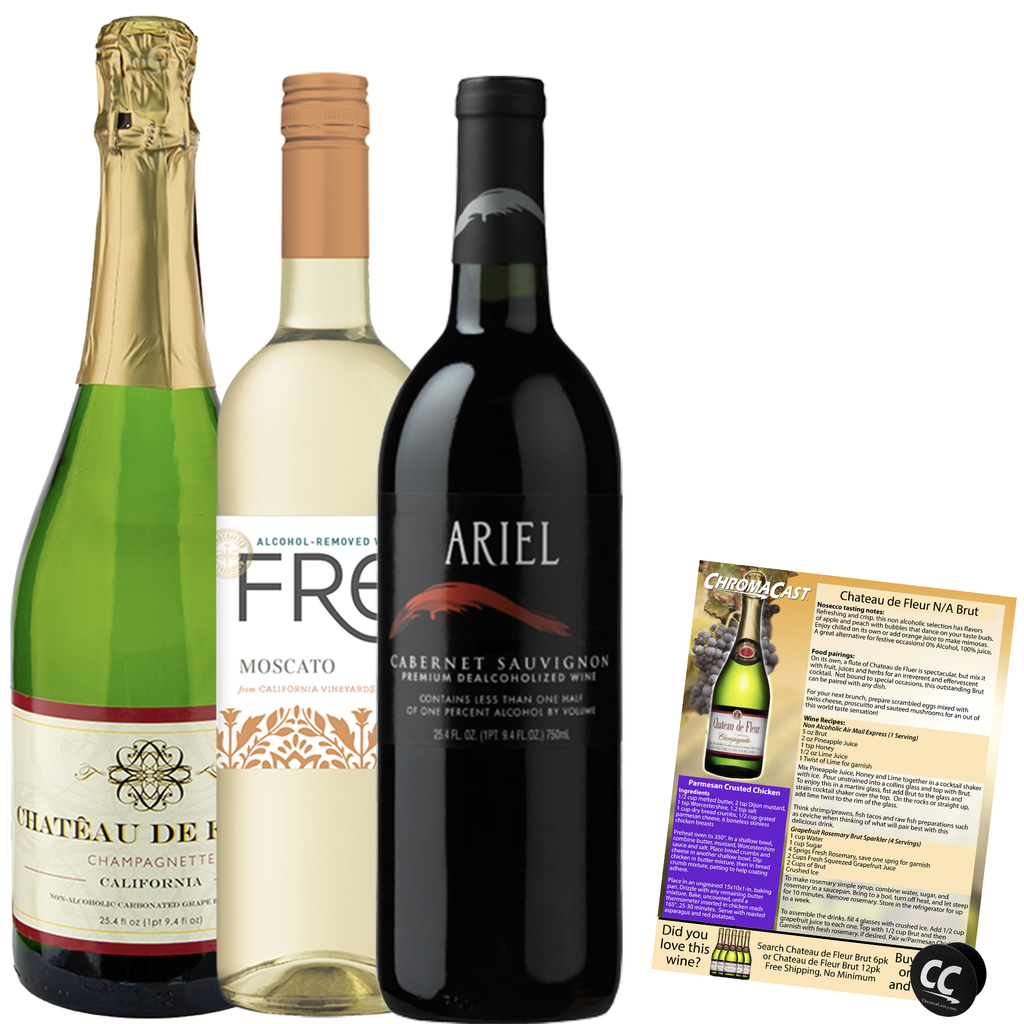 Non Alcoholic Wine 3 Pack Fre Moscato, Chateau De Fleur Champagne and Ariel Cabernet Sauvignon Holiday Dinner Pairing Gift Ideas Sampler Pack - GoDpsMusic