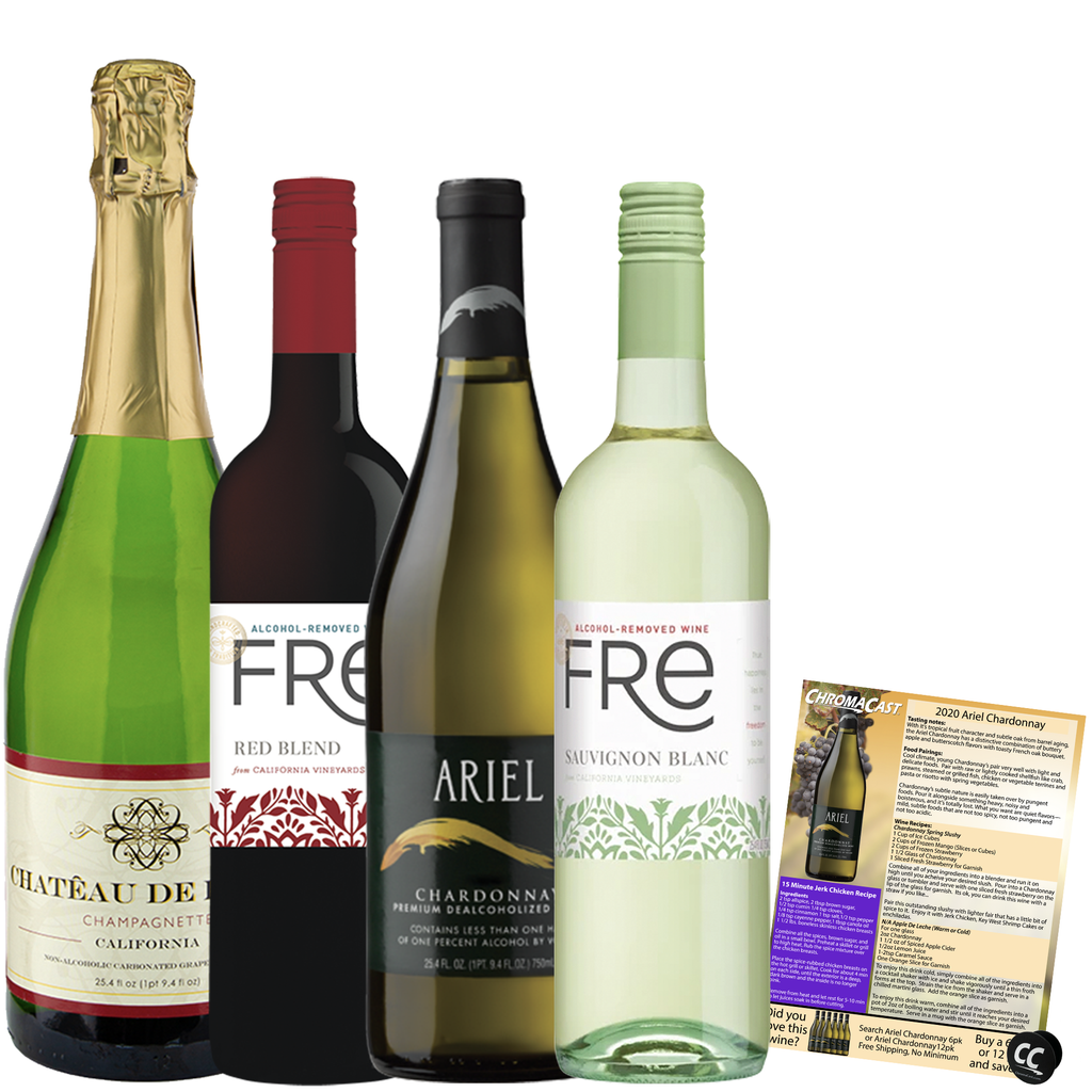 Non Alcoholic Wine 4 Pack Ariel Chardonnay, Chateau De Fleur Champagne, Fre Sauvignon Blanc and Red Blend Business & Holiday Gift Ideas Sampler Pack - GoDpsMusic