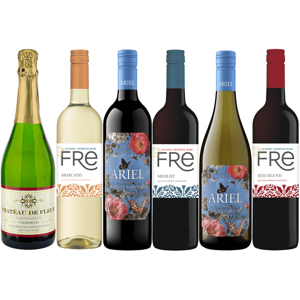 Non Alcoholic Wine 6 Pack Fre Moscato, Red Blend, Merlot, Chateau De Fleur Champagne, Ariel Cabernet Sauvignon and Chardonnay Holiday Dinner Pairing Gift Ideas Sampler Pack