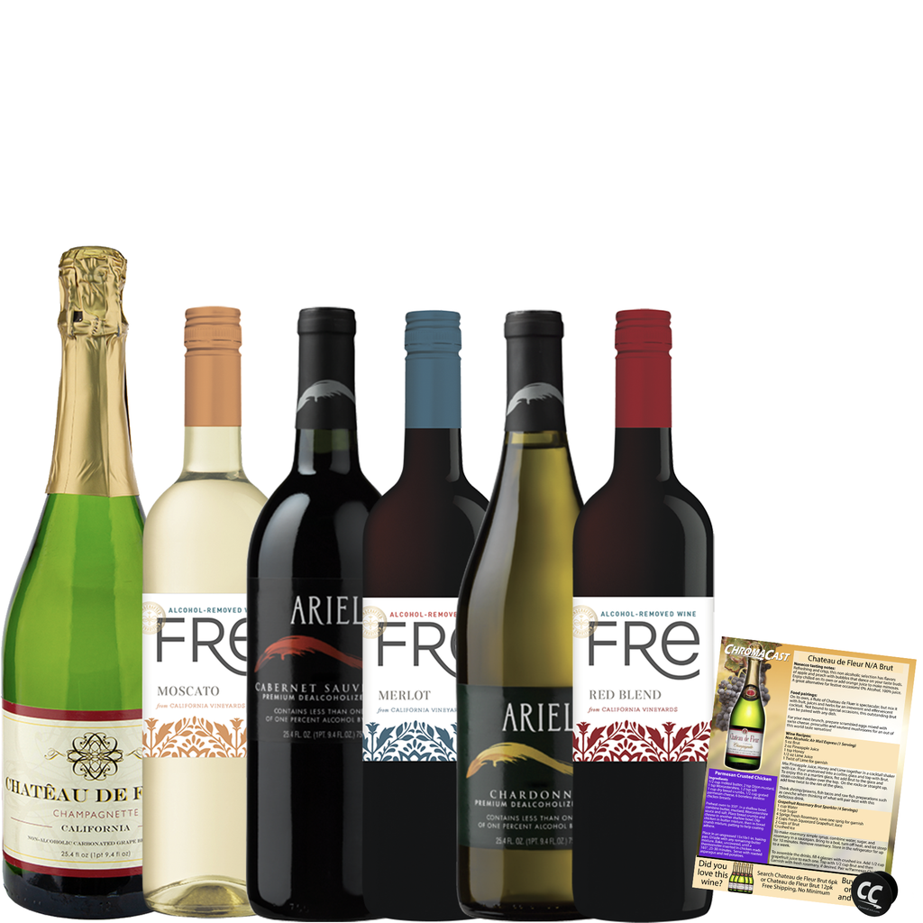 Non Alcoholic Wine 6 Pack Fre Moscato, Red Blend, Merlot, Chateau De Fleur Champagne, Ariel Cabernet Sauvignon and Chardonnay Holiday Dinner Pairing Gift Ideas Sampler Pack - GoDpsMusic