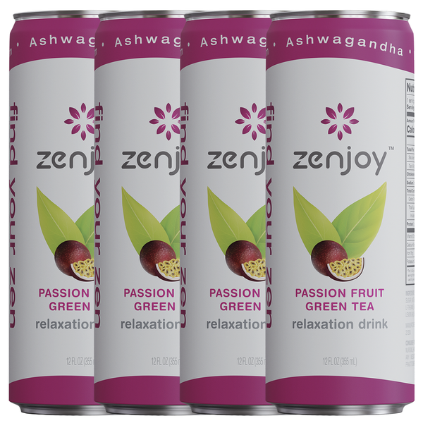 Zenjoy Passion Fruit Green Tea Relaxation Drink with Ashwagandha & Lemon Balm - Non-Alcoholic Beverage Infused with L-Theanine for Anxiety Relief and Enhanced Focus - 12oz Cans - GoDpsMusic