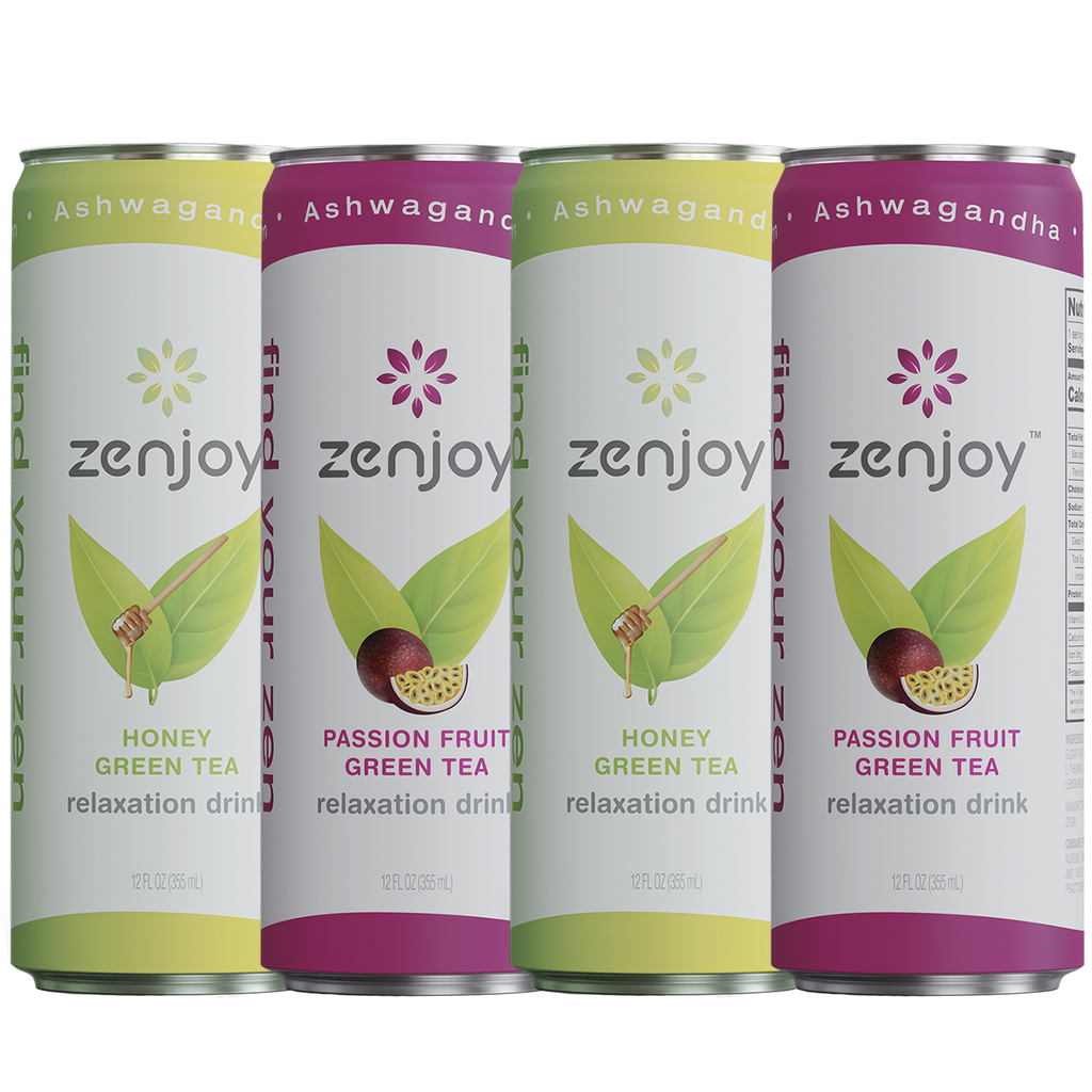 Zenjoy Passion Fruit Green Tea & Honey Green Tea Mixed 4 Pack - Calming Drink with Ashwa-gandha & Lemon Balm - Non-Alcoholic Beverage Infused with L-Theanine for Anxiety Relief and Enhanced Focus - 12oz Cans - GoDpsMusic