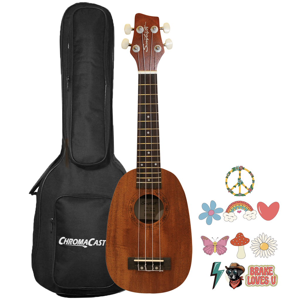 Autographed Sawtooth Mahogany Pineapple Soprano Ukulele w Gig Bag and Official Brake Stickers