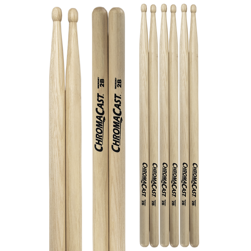 PRE SUMMER DEAL - ChromaCast 2B USA Made Hickory Drumsticks 4 Pairs - Wood Tipped - Drum Sticks Tour Tested by Pro Drummers - Real American Hickory Wood - GoDpsMusic