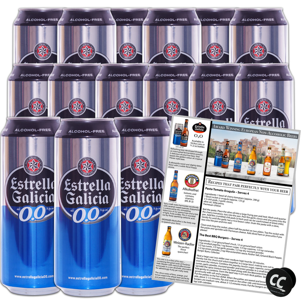 Estrella Galicia 0,0 Non-Alcoholic Beer 15 Pack, Made in Spain, 16oz/can, includes Phone/Tablet Holder & Beer/Pairing Recipes - GoDpsMusic