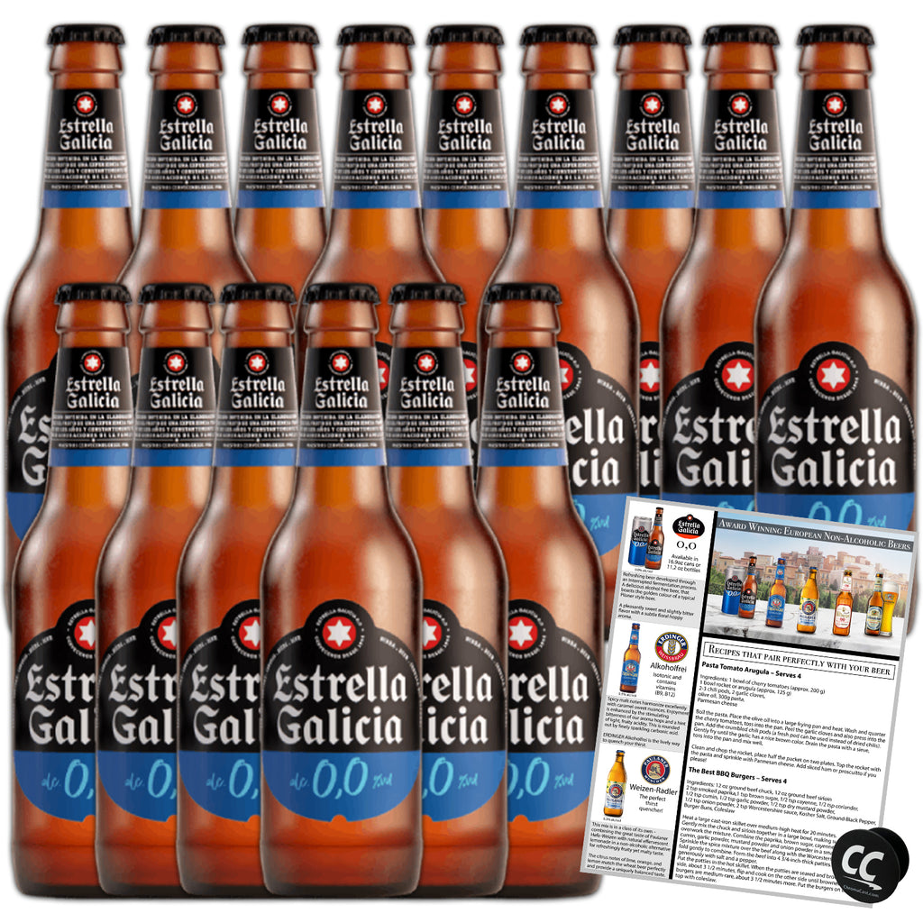 Estrella Galicia 0,0 Non-Alcoholic Beer 15 Pack, Made in Spain, 11.2oz/btl, includes Phone/Tablet Holder & Beer/Pairing Recipes - GoDpsMusic