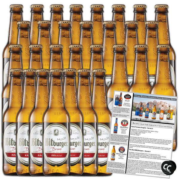 Bitburger Drive Non-Alcoholic Beer 30-Pack, Award Winning Beer from Germany, 11.2oz/btl w Phone/Tablet Holder & Recipes - GoDpsMusic