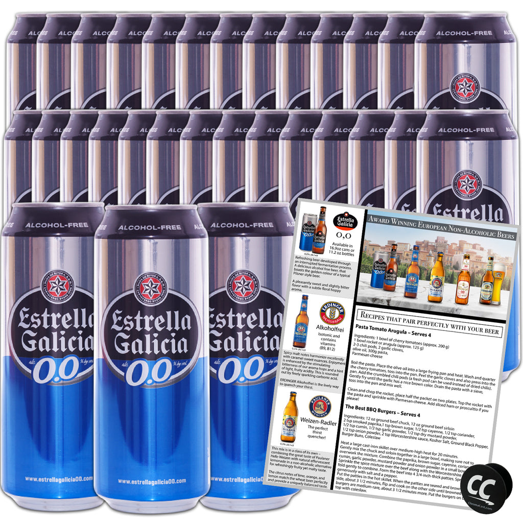 Estrella Galicia 0,0 Non-Alcoholic Beer 30 Pack, Made in Spain, 16oz/can, includes Phone/Tablet Holder & Beer/Pairing Recipes - GoDpsMusic