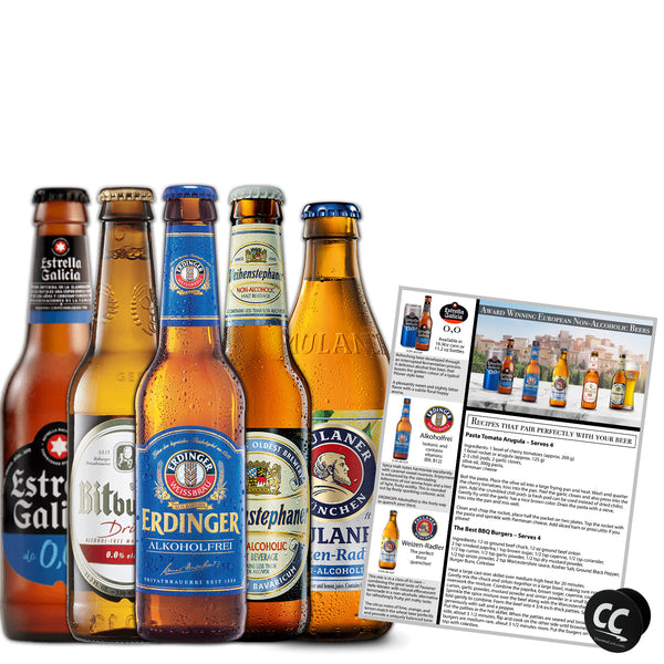Non-Alcoholic European Beer Variety 5 Pack, Award Winning Beers from Munich, Erding, Barcelona and Bitburg w Phone/Tablet Holder & Recipes - GoDpsMusic
