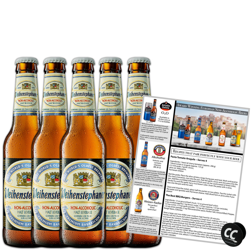 Weihenstephaner Non-Alcoholic Hefeweizen Beer 5 Pack, Made In Germany, 11.2oz/btl, includes Phone/Tablet Holder & Beer/Pairing Recipes - GoDpsMusic