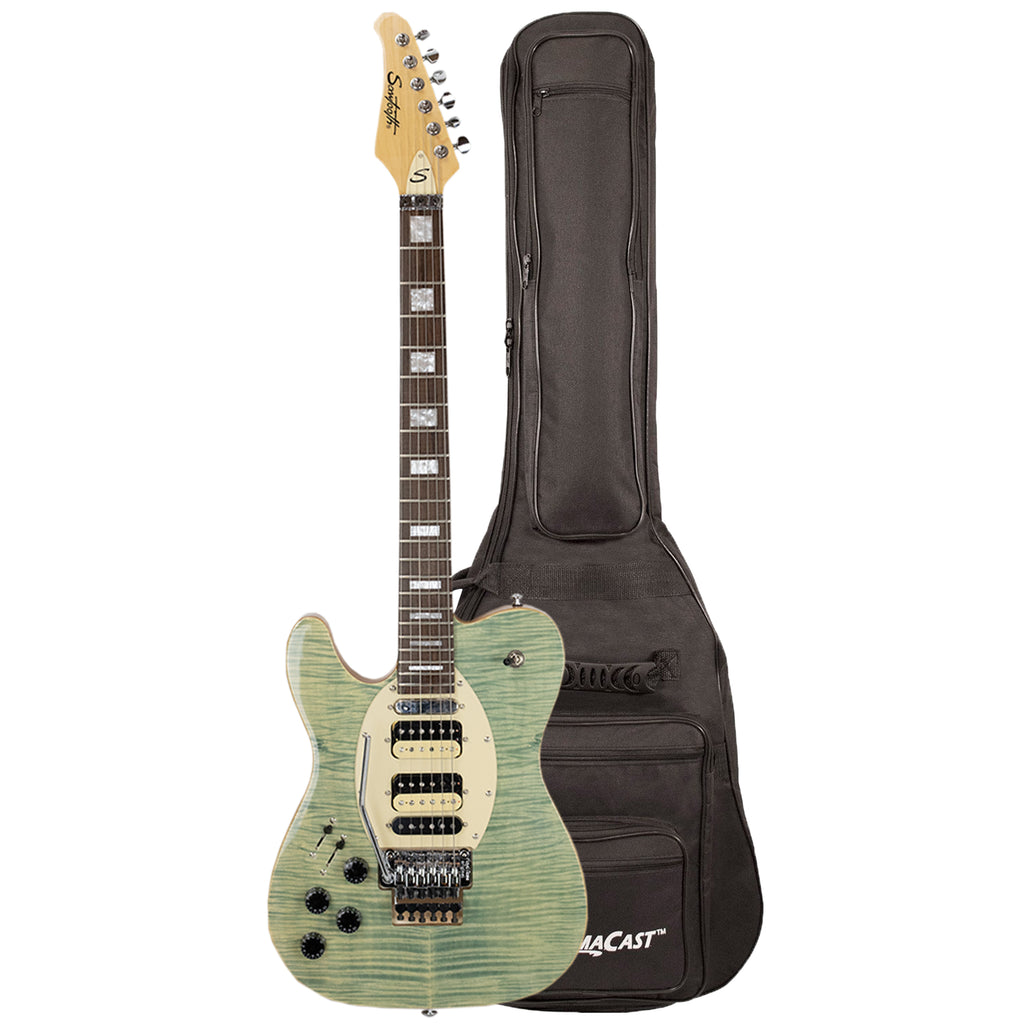 Sawtooth ET Hybrid Left-Handed Electric Guitar with Floyd Rose, Flame Maple Grass Stained Blue Jean, with ChromaCast Gig Bag - GoDpsMusic
