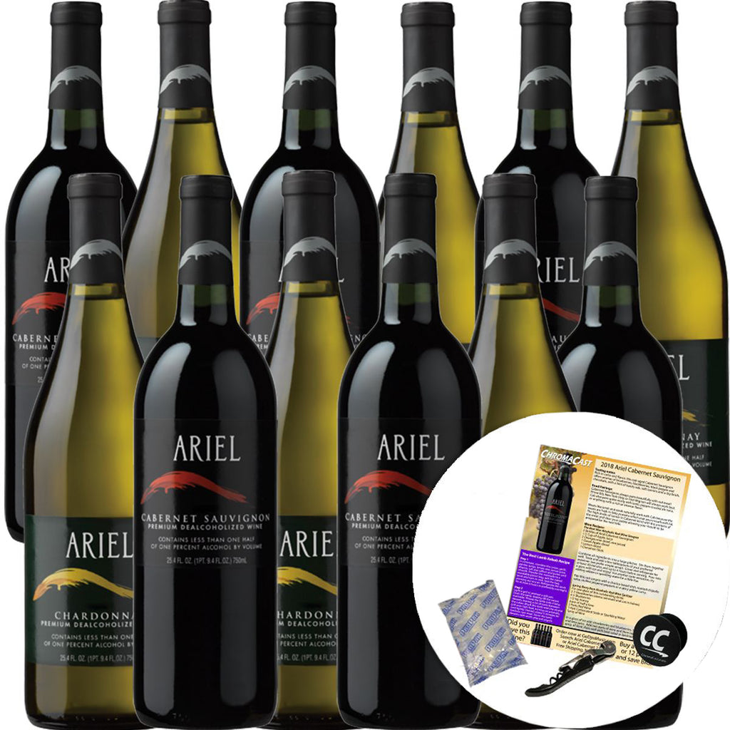 Ariel Cabernet & Chardonnay Non-Alcoholic Red & White Wine Experience Bundle with Ice Packs, Cork Screw, Pop Socket, Seasonal Wine Pairings & Recipes, 12 Pack - GoDpsMusic